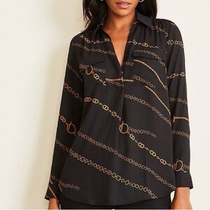 Ann Taylor Black Blouse with Gold Chain Print